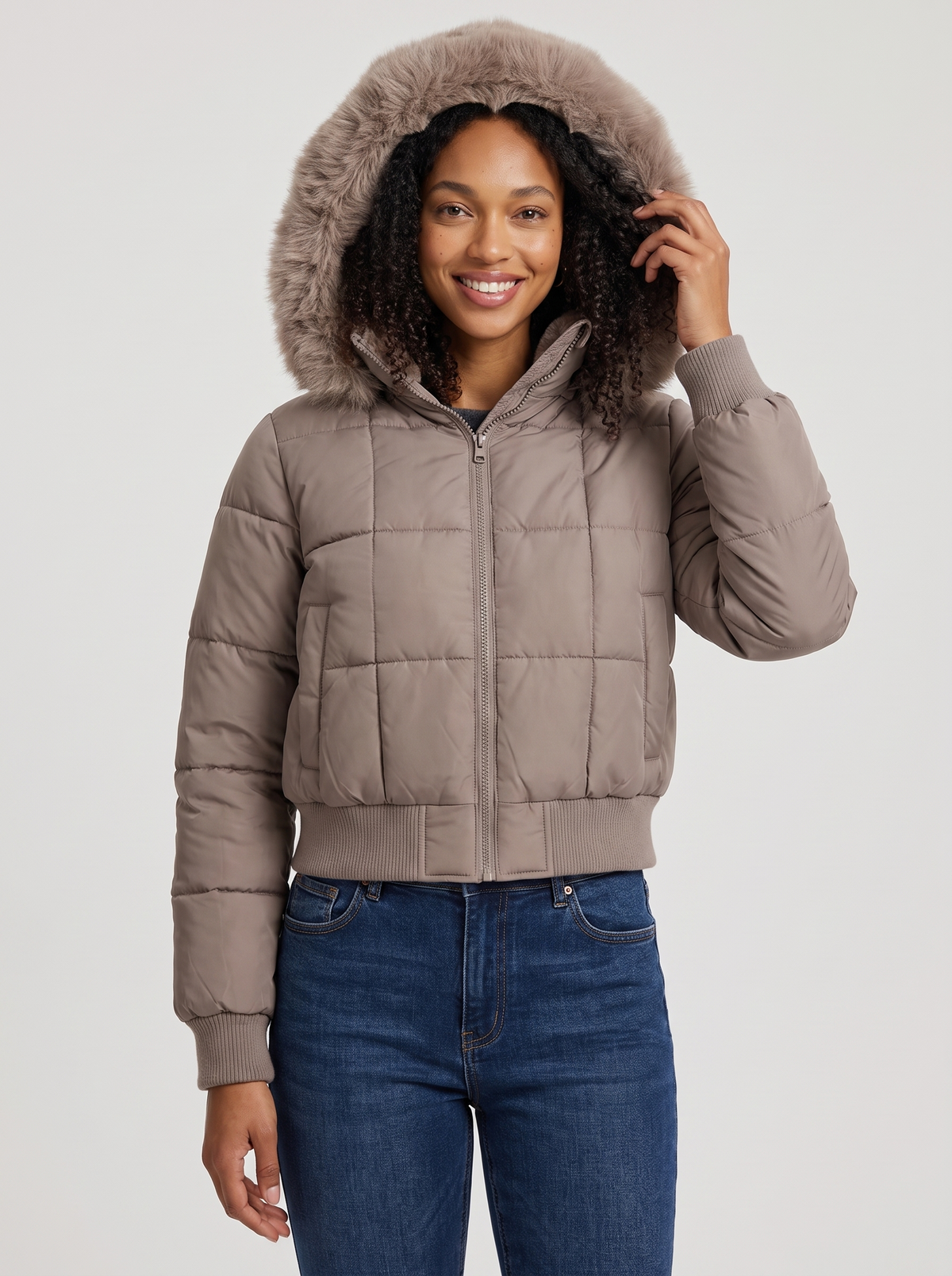 Women's Faux Fur Hood Puffer Jacket in Taupe
