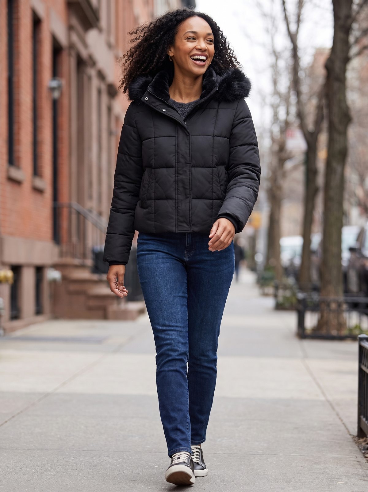 Women's Faux Fur Hood Puffer Jacket in Black – view 5
