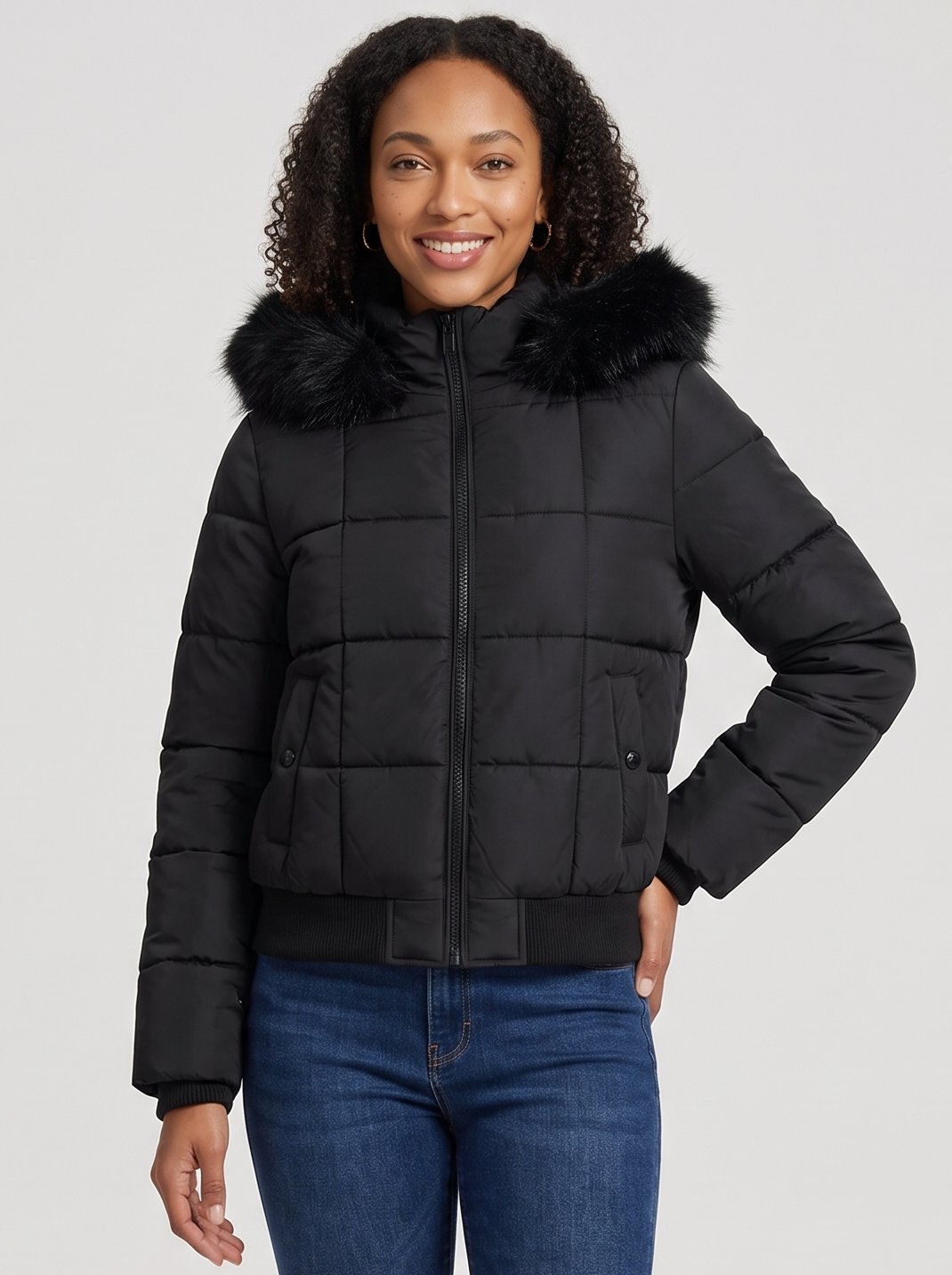 Women's Faux Fur Hood Puffer Jacket in Black