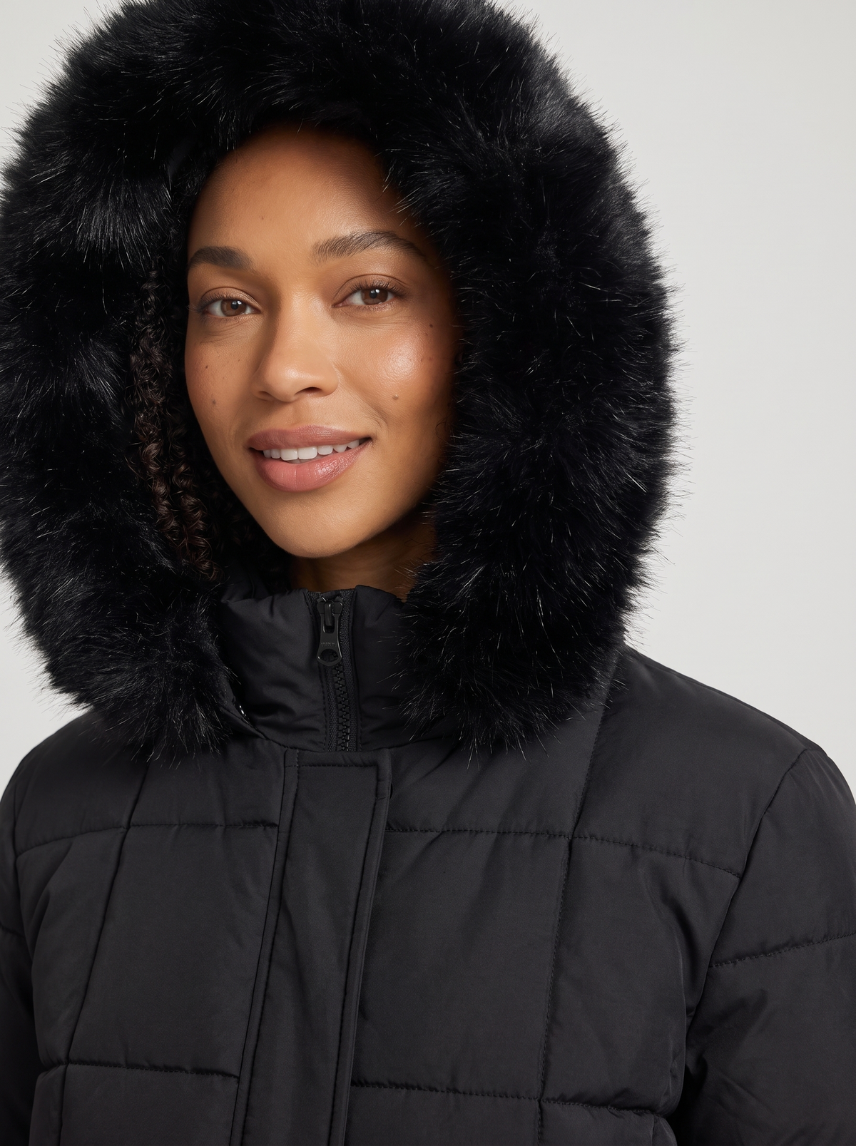Women's Faux Fur Hood Puffer Jacket in Black – view 3
