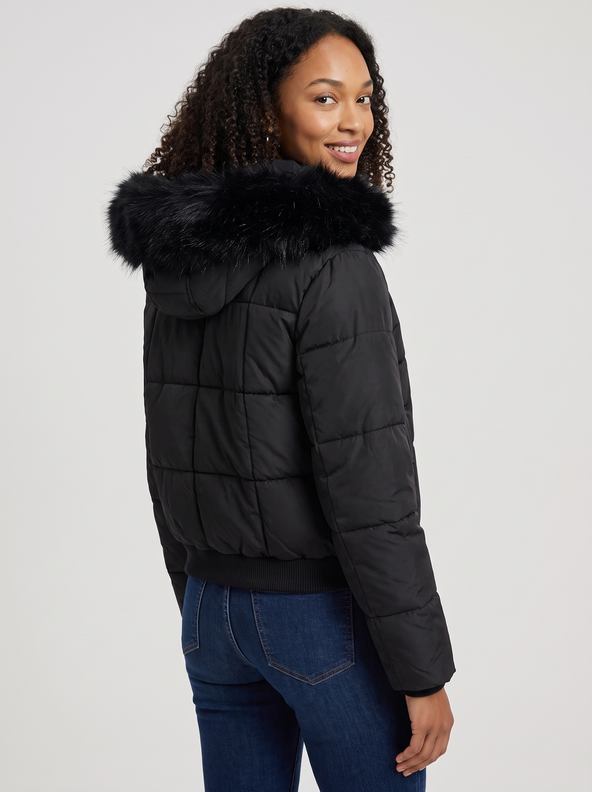 Women's Faux Fur Hood Puffer Jacket in Black – view 2