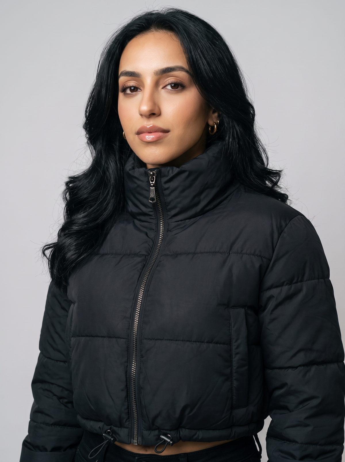 Women's High Neck Cropped Puffer Jacket in Black – view 4