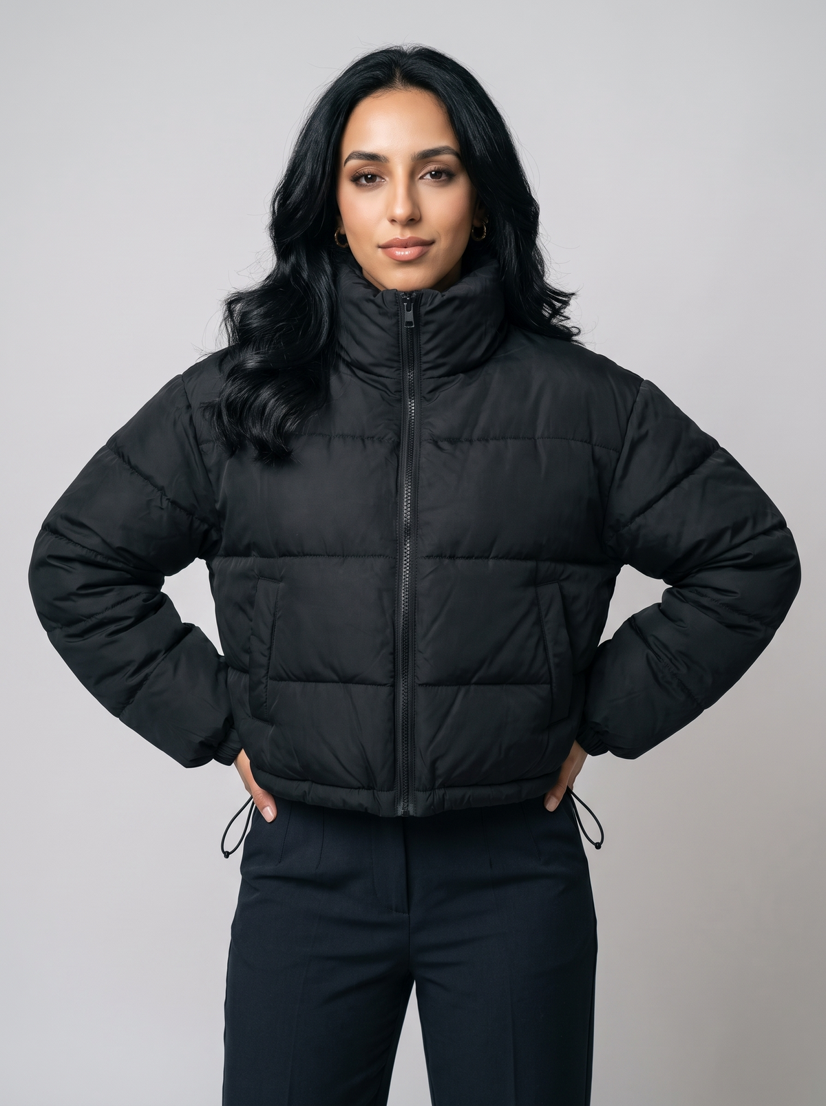 Women's High Neck Cropped Puffer Jacket in Black