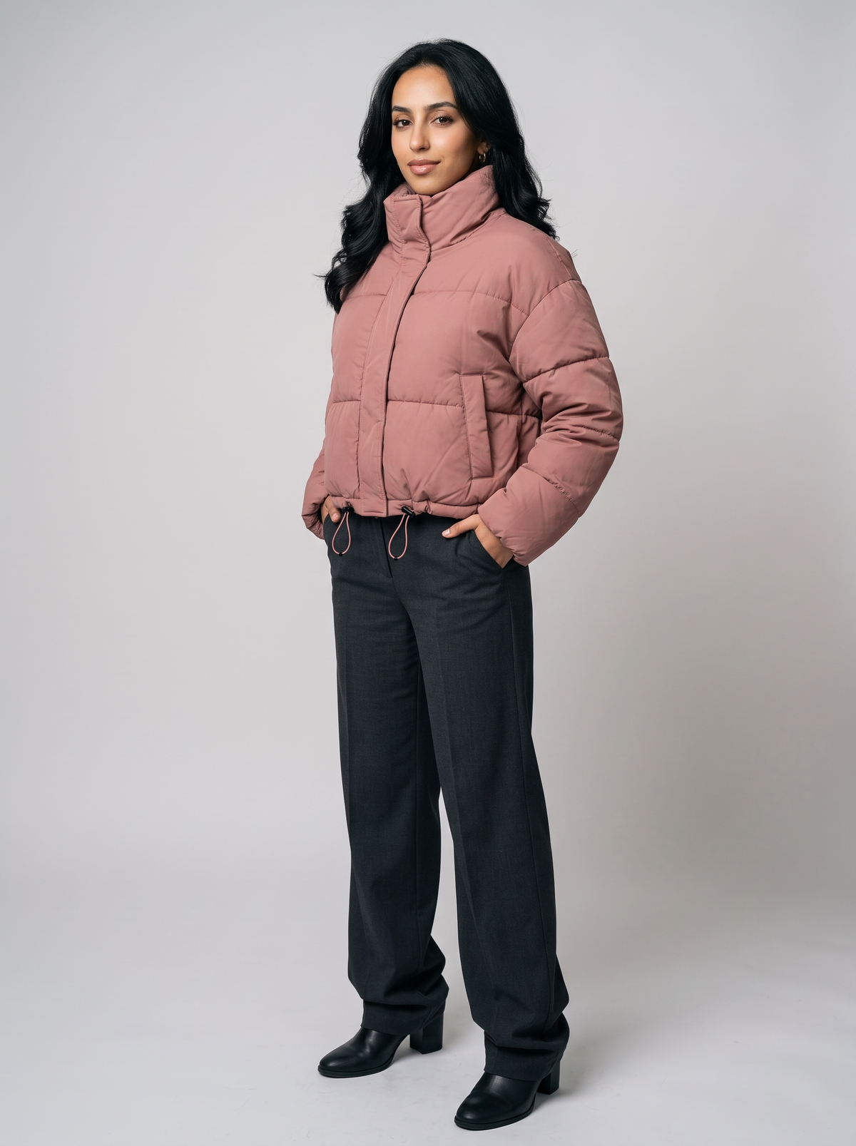 Women's High Neck Cropped Puffer Jacket in Dusty Rose