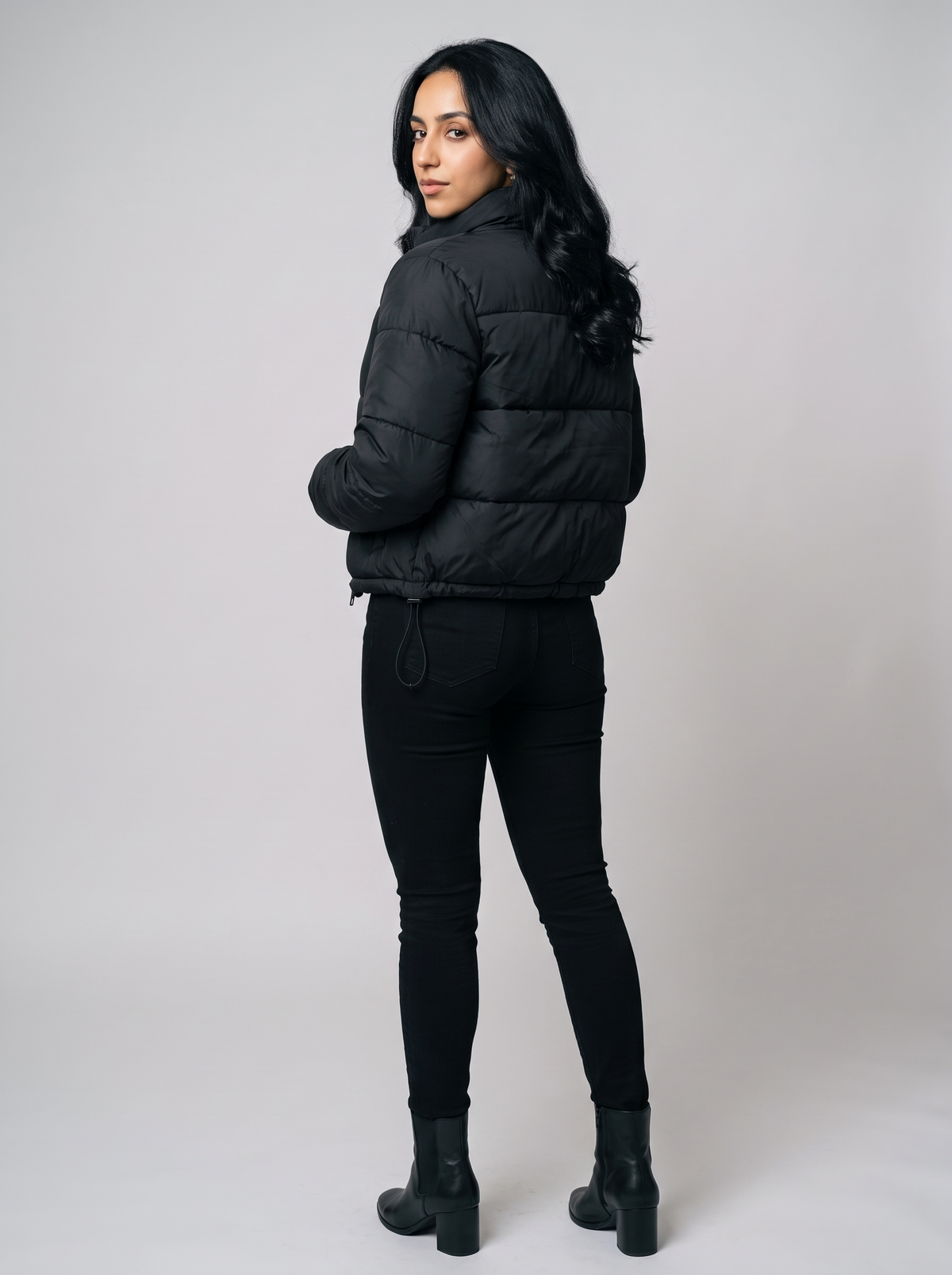 Women's High Neck Cropped Puffer Jacket in Black – view 3