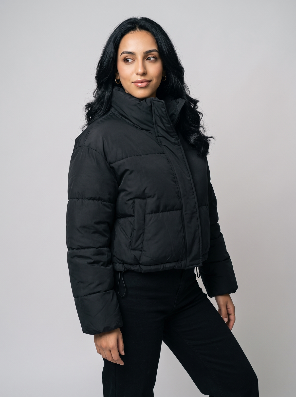 Women's High Neck Cropped Puffer Jacket in Black – view 2