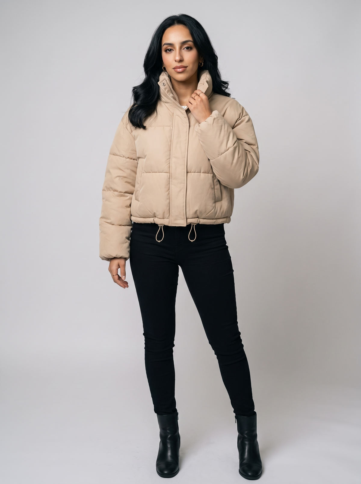 Women's High Neck Cropped Puffer Jacket in Beige