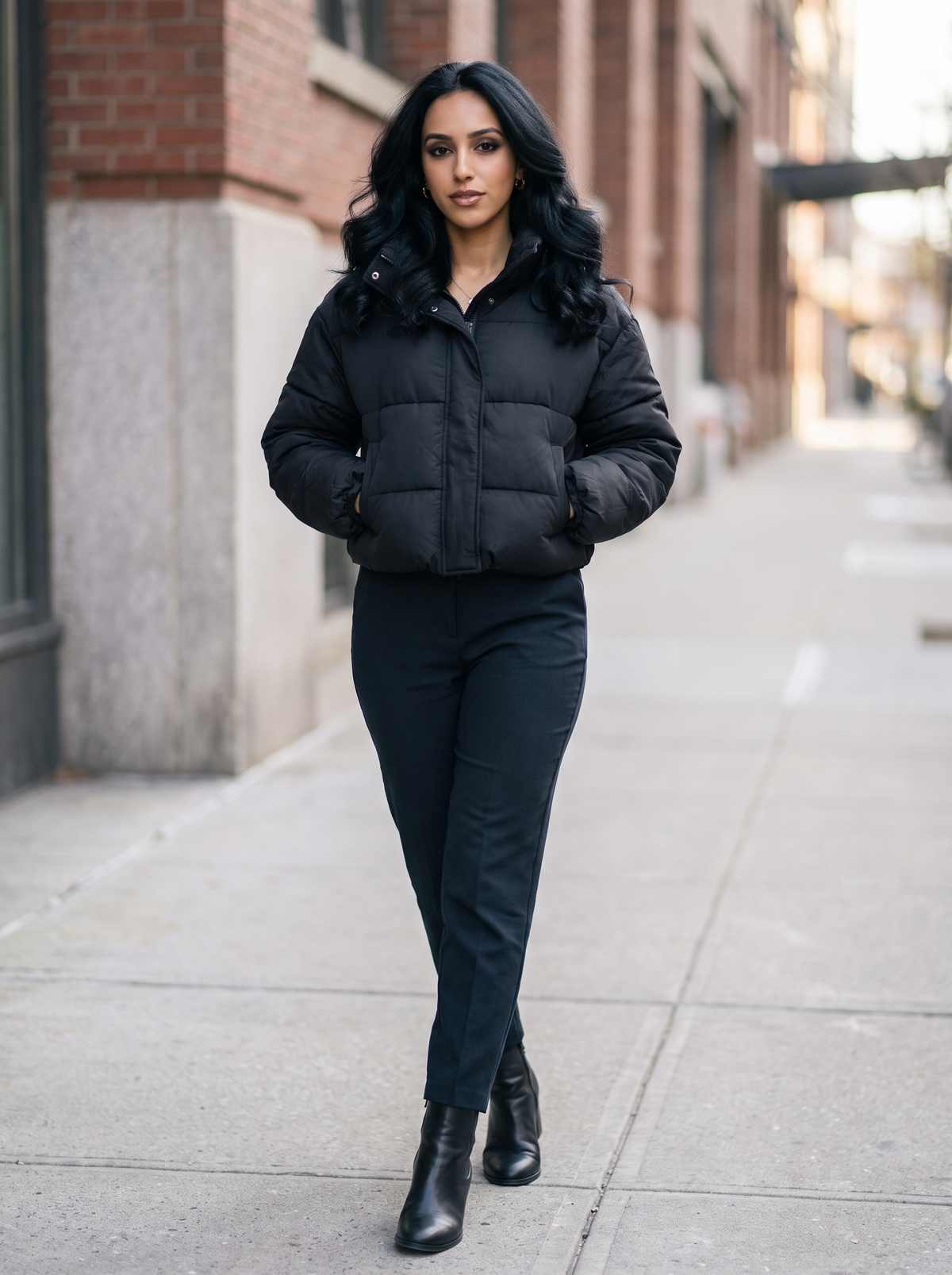Women's High Neck Cropped Puffer Jacket in Black – view 5