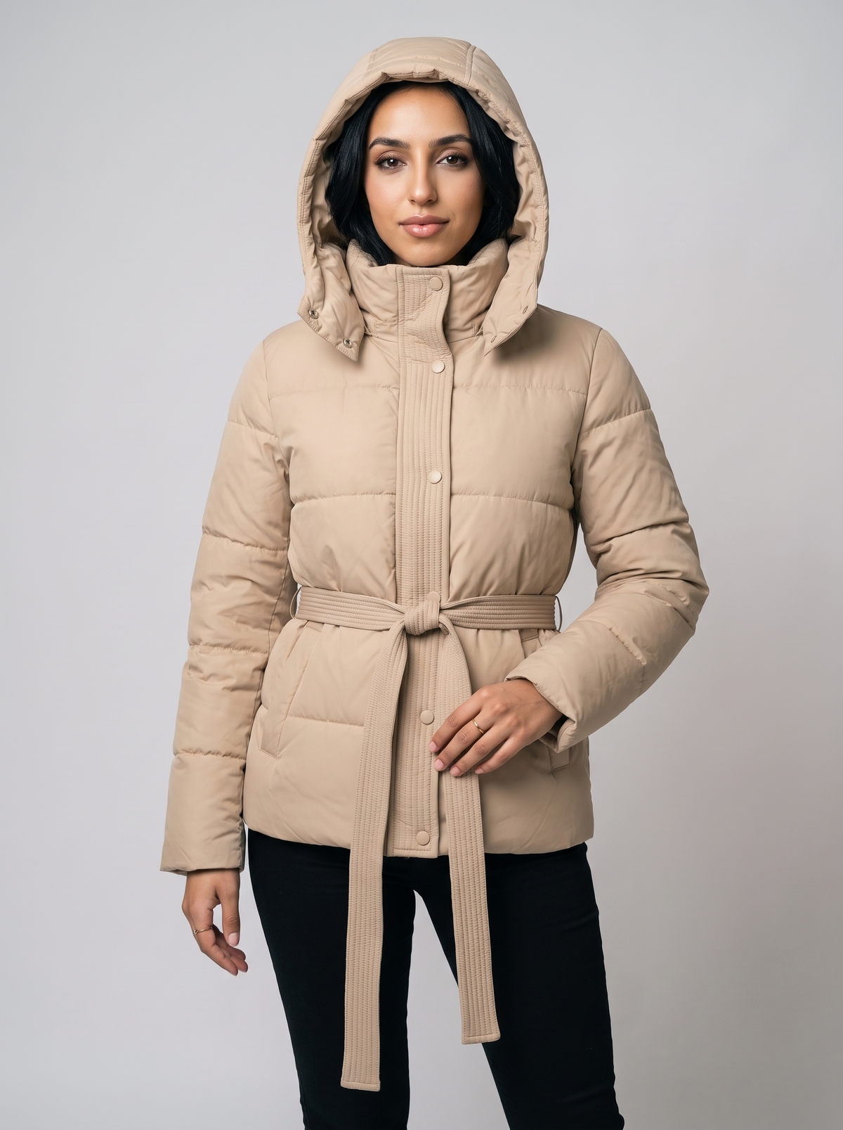 Women's Hooded Belted Puffer Coat in Beige