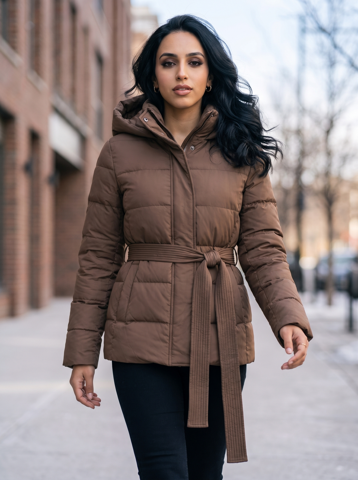 Women's Hooded Belted Puffer Coat in Brown – view 4