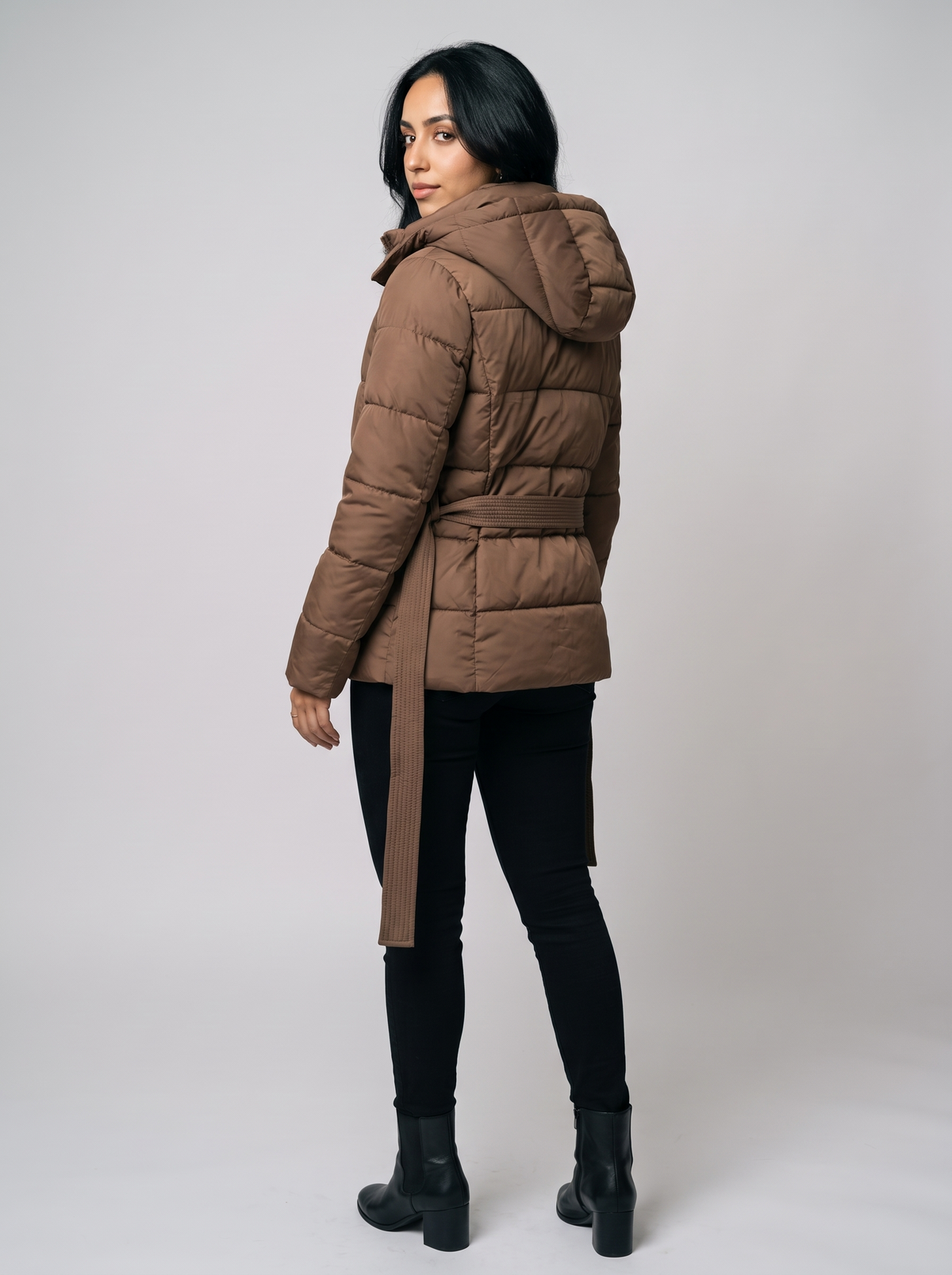 Women's Hooded Belted Puffer Coat in Brown – view 2
