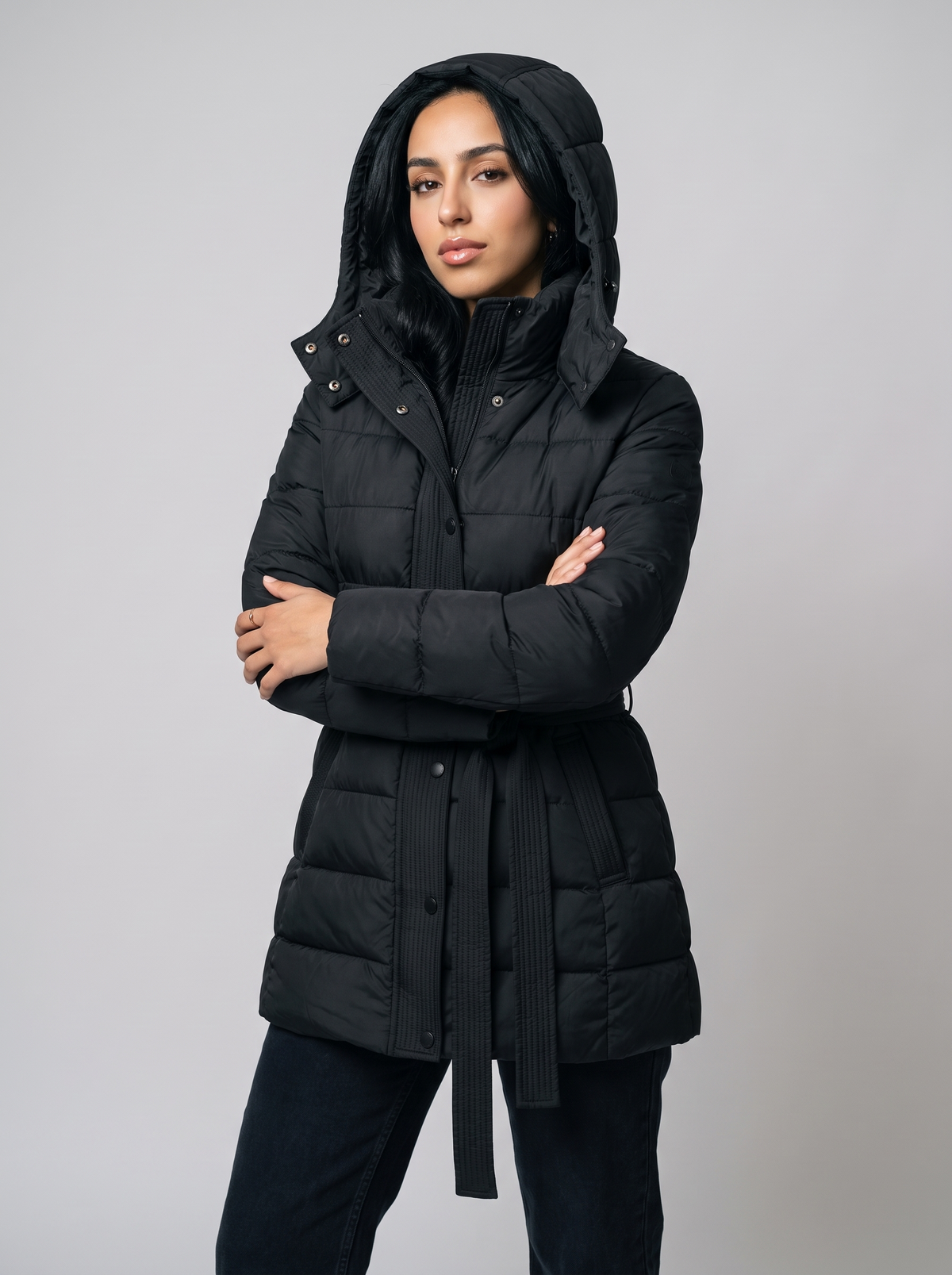 Women's Hooded Belted Puffer Coat in Black