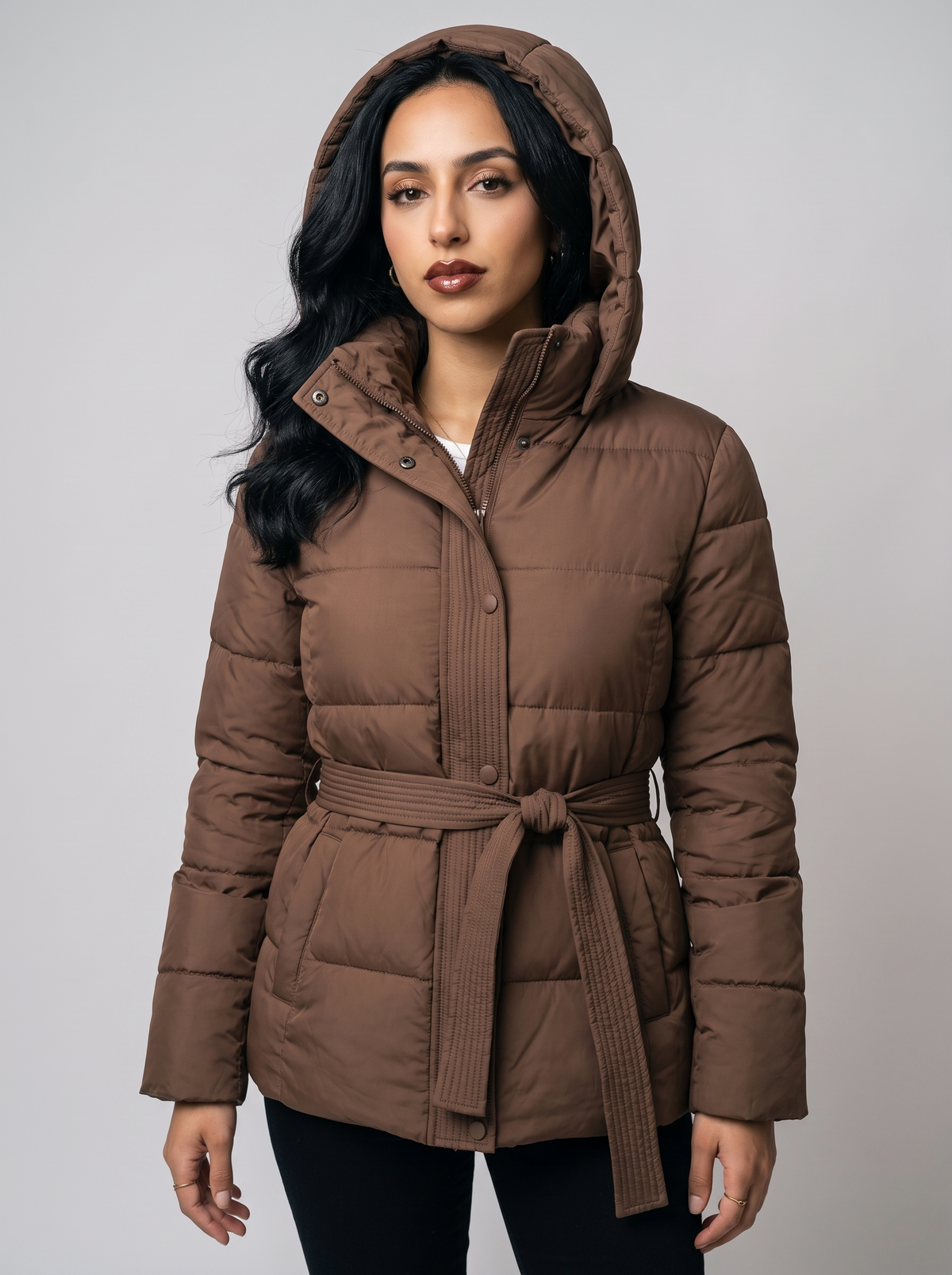 Women's Hooded Belted Puffer Coat in Brown