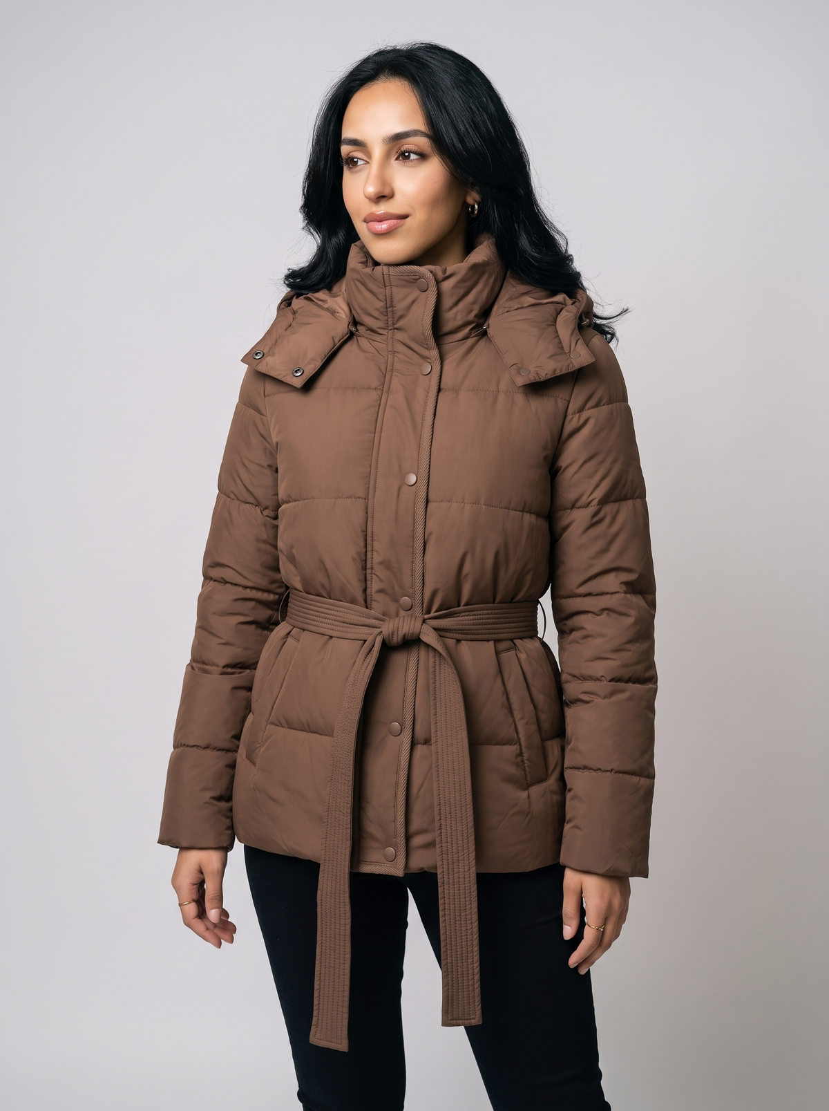 Women's Hooded Belted Puffer Coat in Brown – view 3
