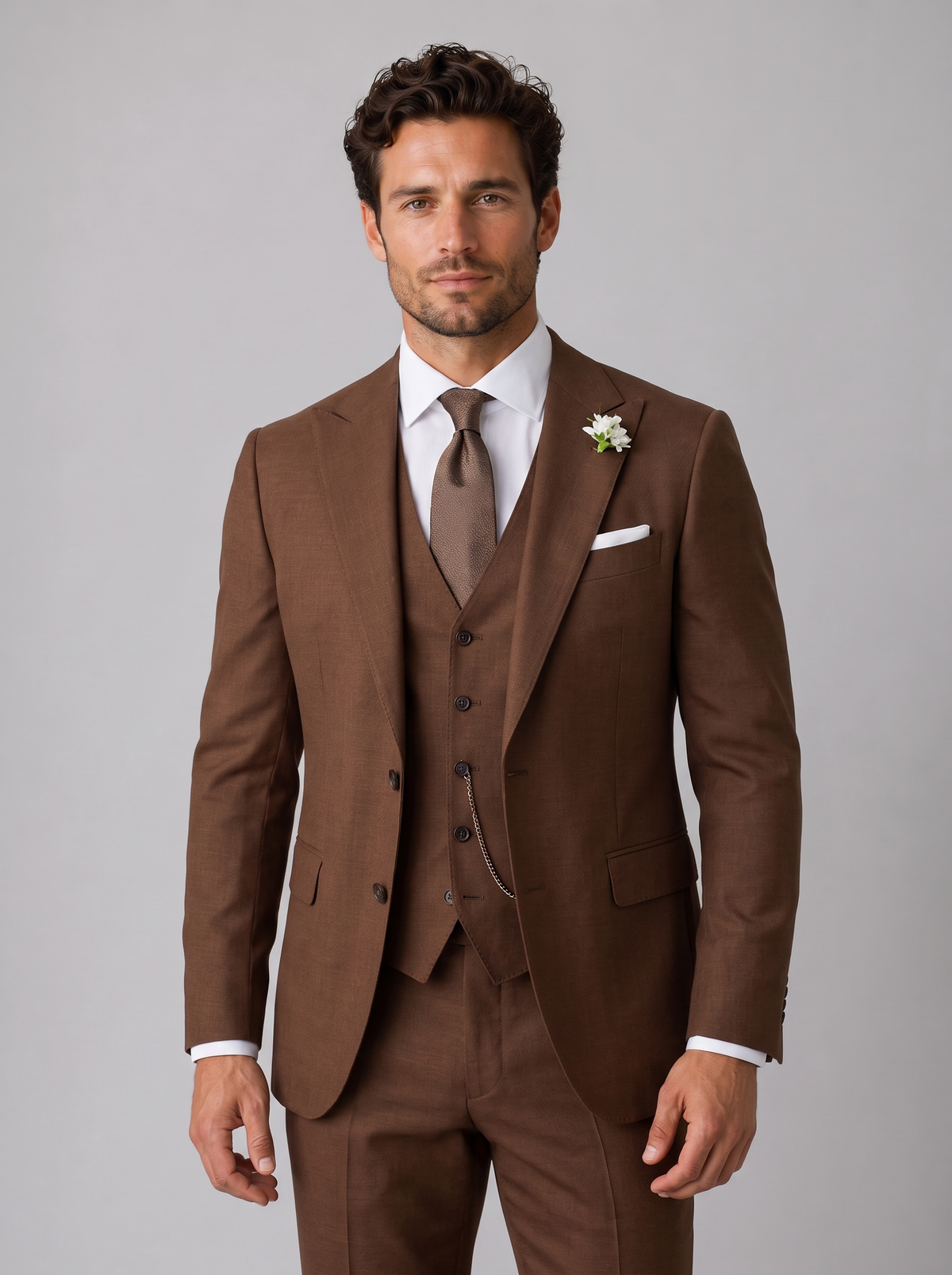 Men's Slim Fit Three Piece Suit in Brown