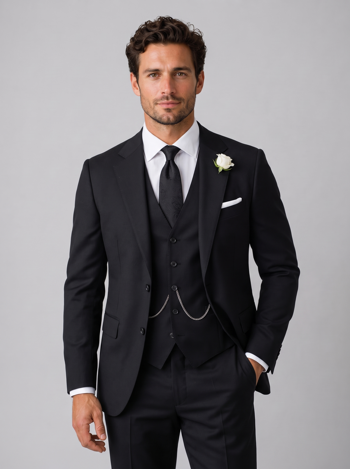 Men's Slim Fit Three Piece Suit in Black