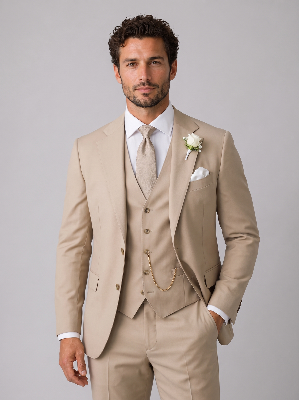 Men's Slim Fit Three Piece Suit in Beige