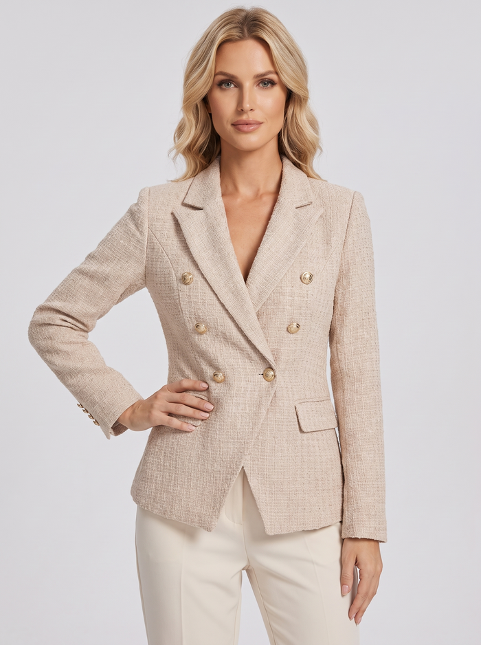Women's Double Breasted Tweed Blazer in Beige