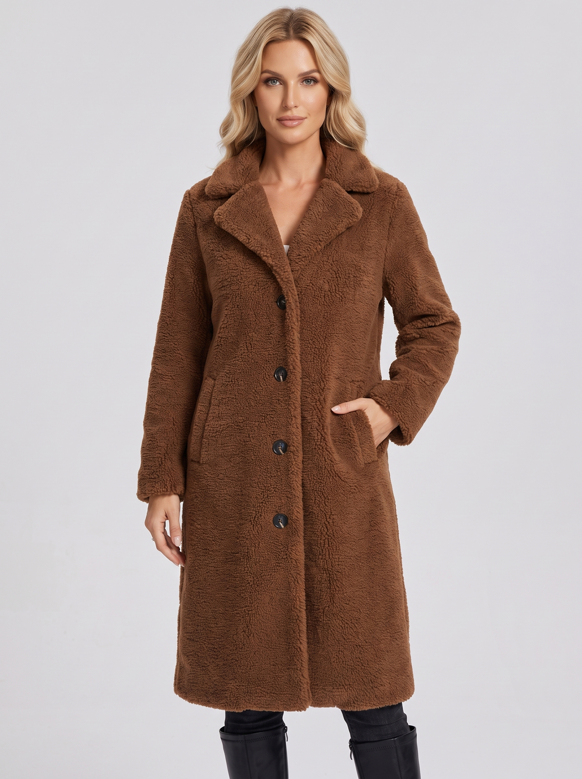 Women's Long Teddy Coat in Brown