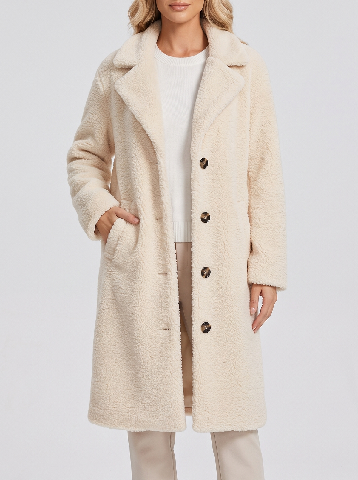 Women's Long Teddy Coat in White