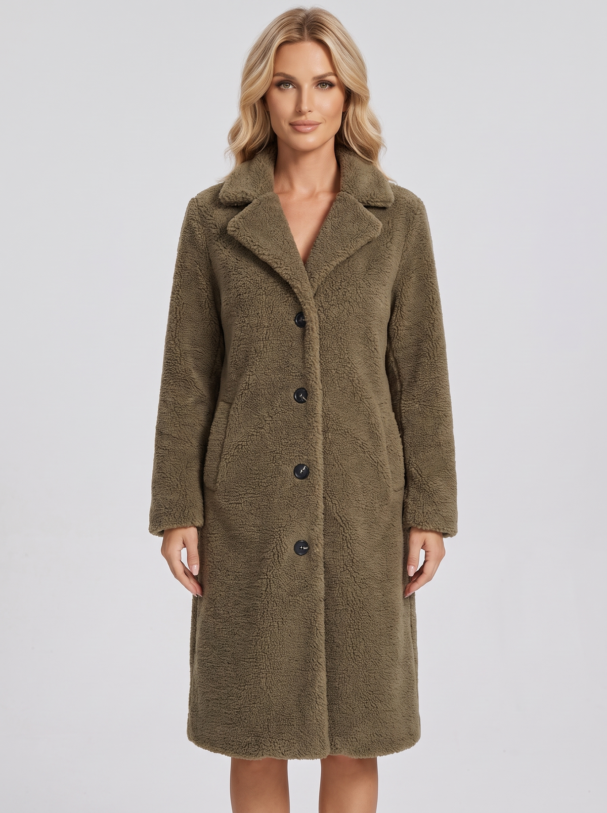 Women's Long Teddy Coat in Khaki