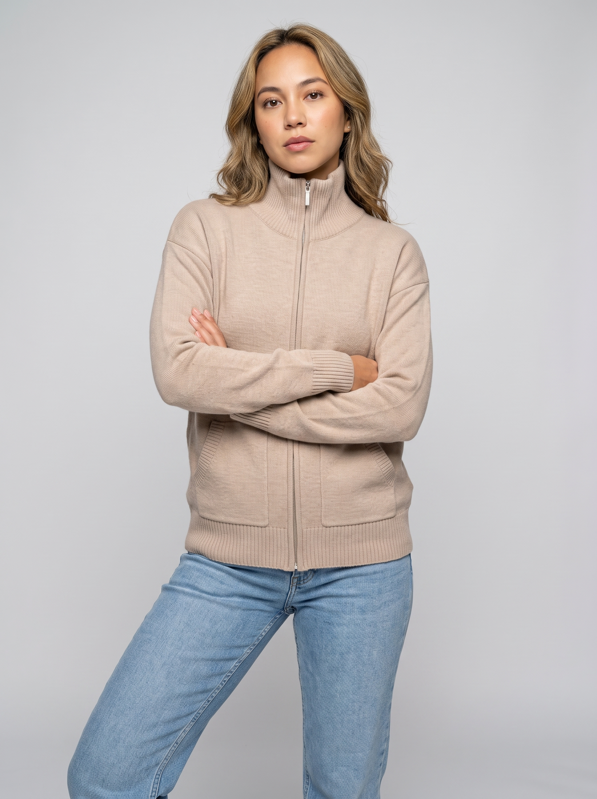 Women's Zip Up Knit Cardigan in Beige