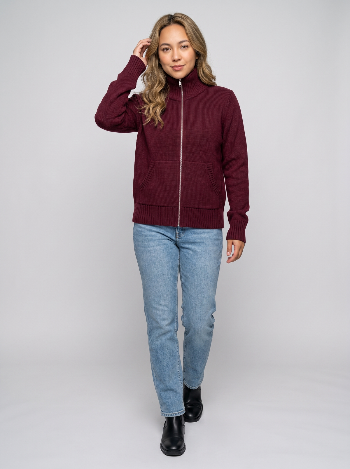 Women's Zip Up Knit Cardigan in Burgundy