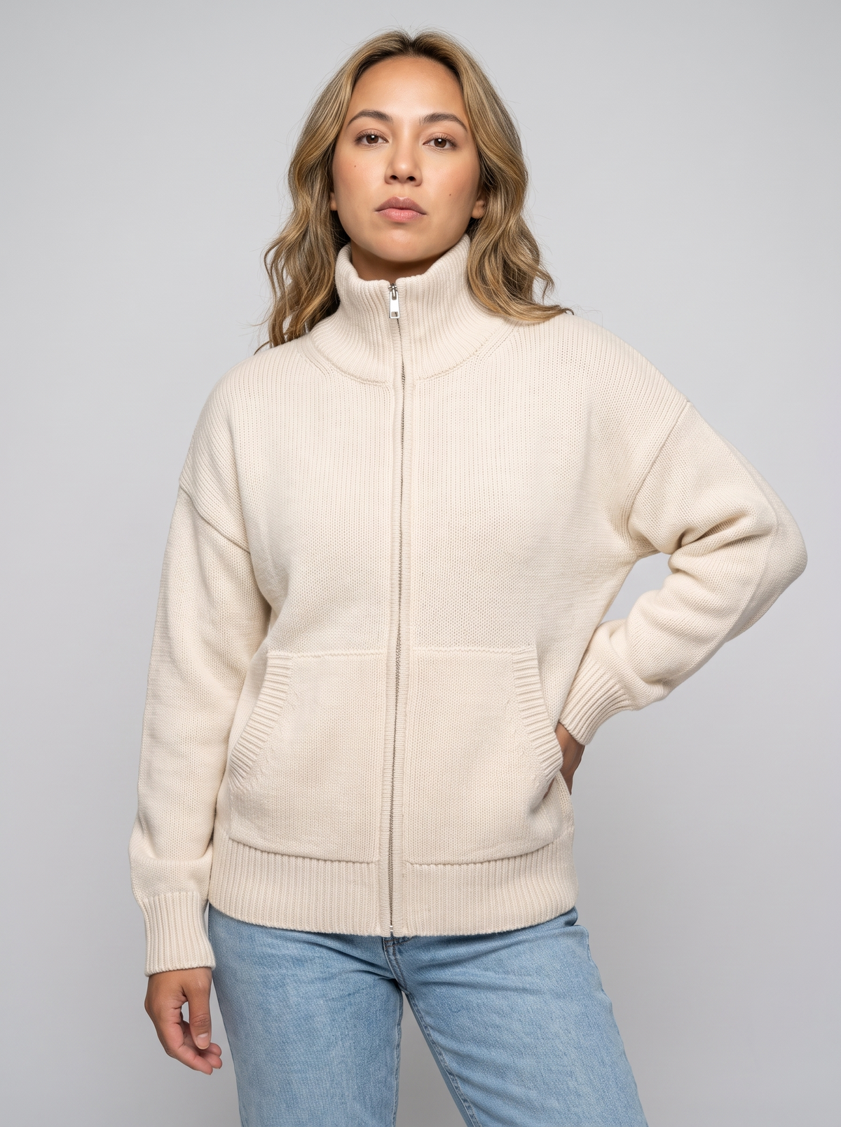 Women's Zip Up Knit Cardigan in Cream