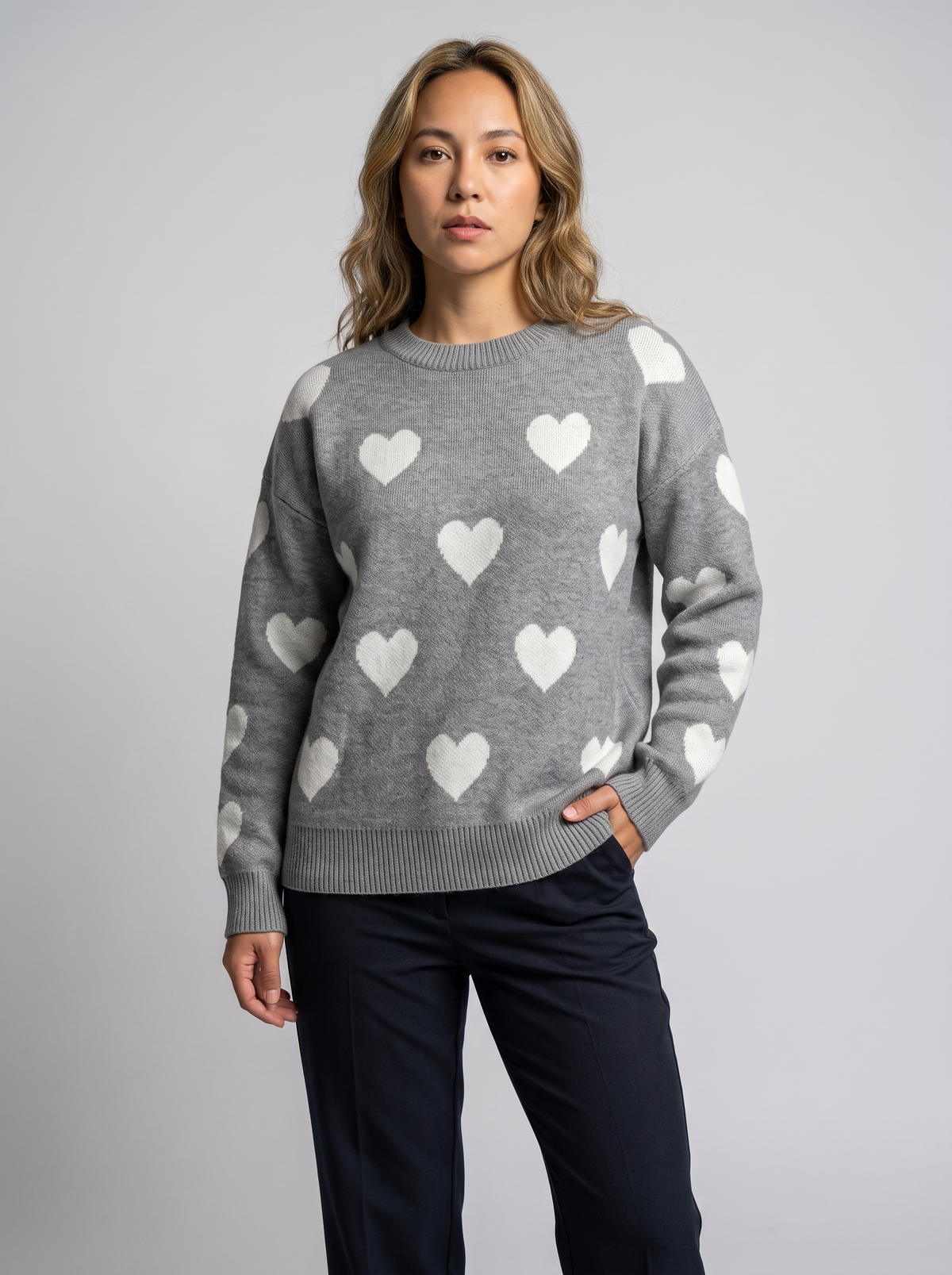 Women's Heart Knitted Jumper in Grey