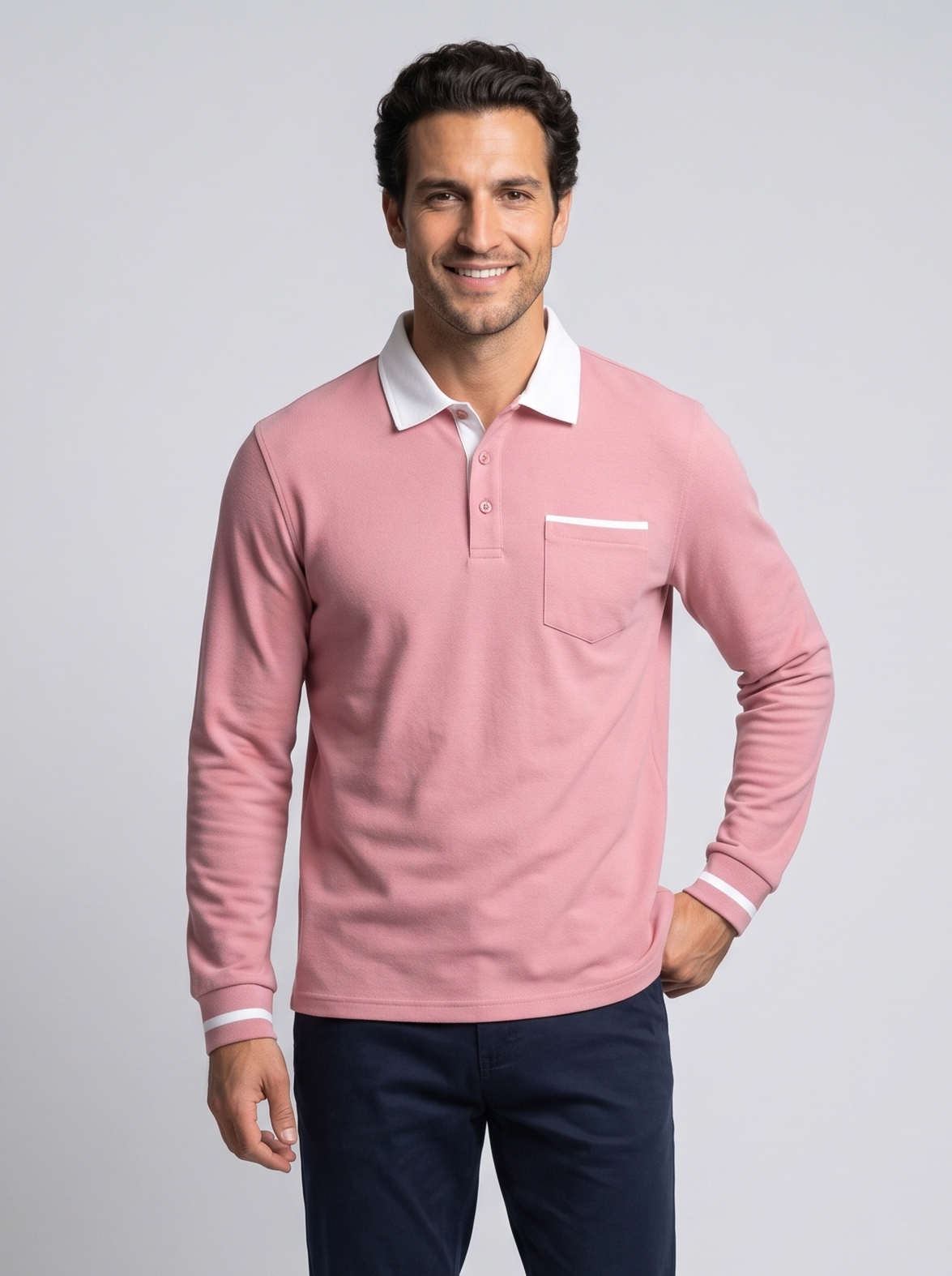 Men's Long Sleeve Polo Shirt in Pink