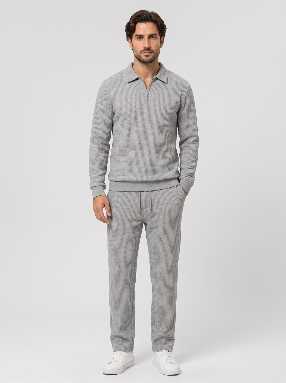 Men's Quarter Zip Polo Co Ord Set in Light Grey