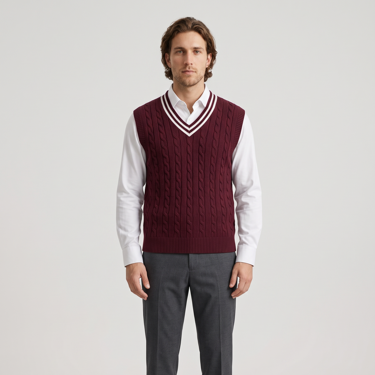 Men's Cable Knit Sweater Vest in Burgundy