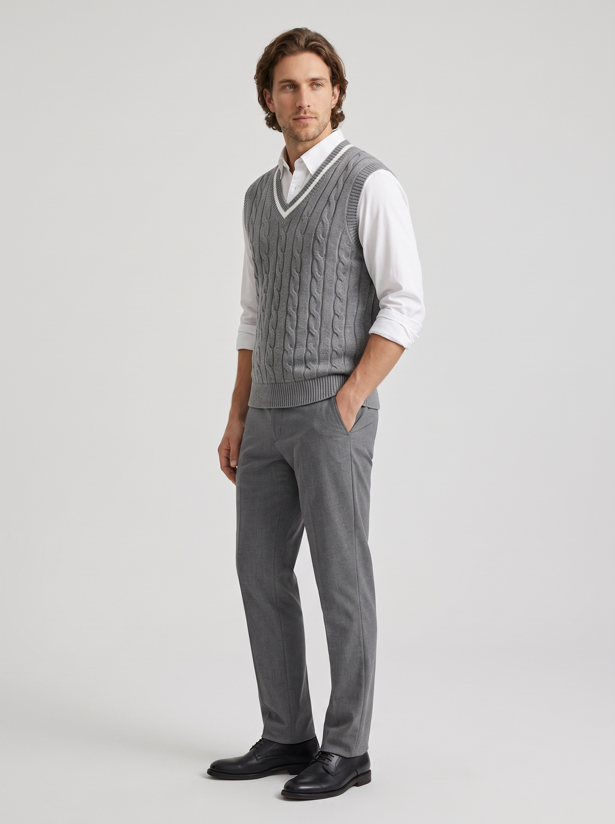Men's Cable Knit Sweater Vest in Grey – view 3