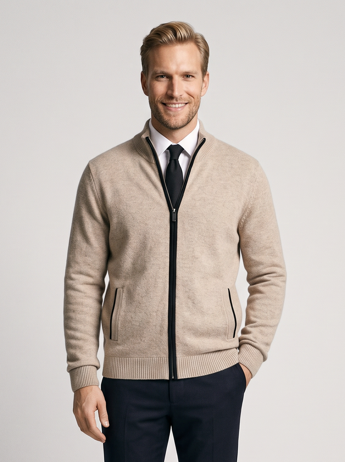 Men's Zip Up Knit Cardigan in Beige