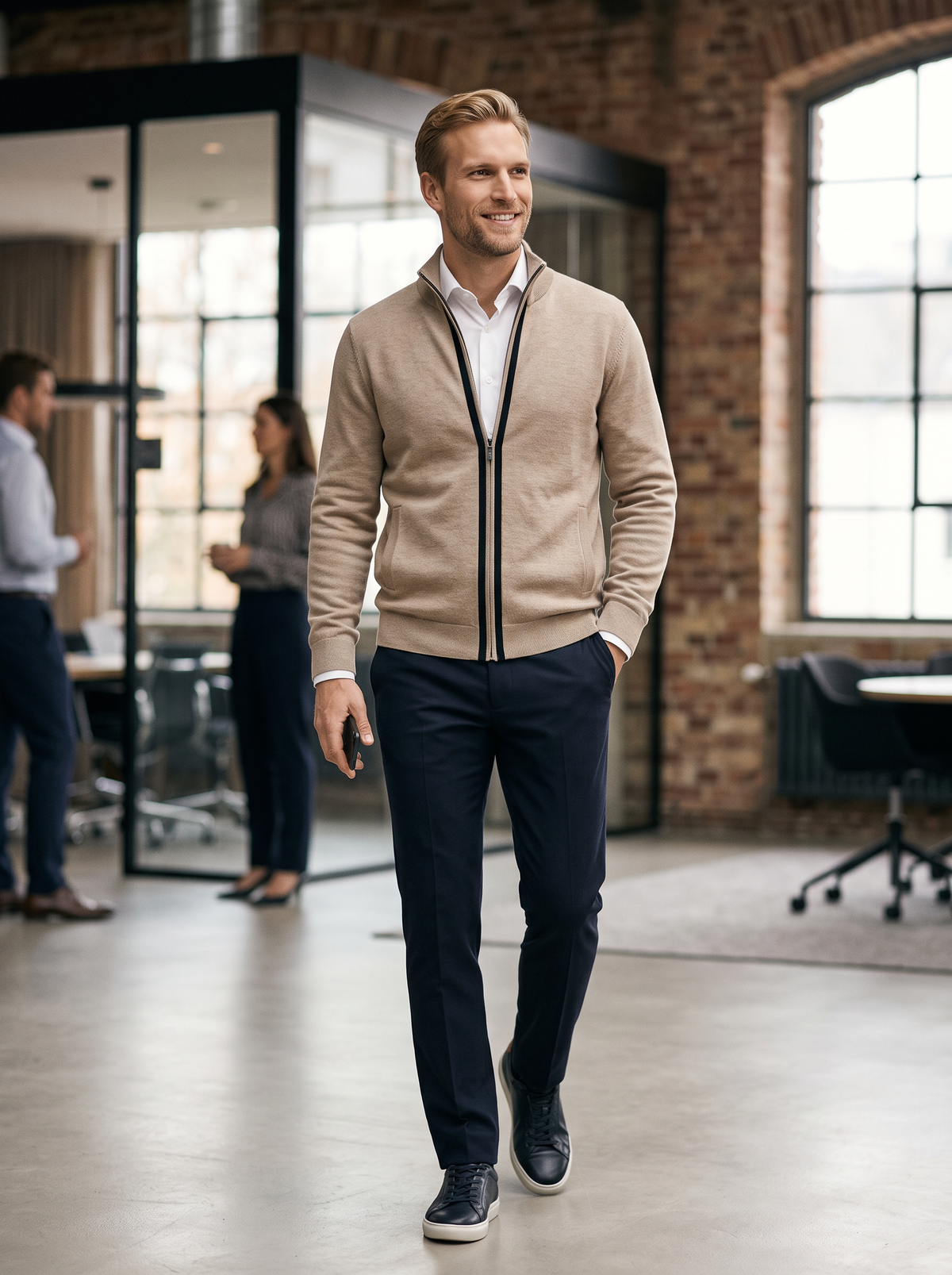 Men's Zip Up Knit Cardigan in Beige – view 5