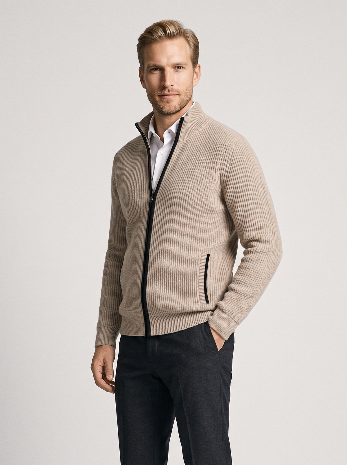 Men's Zip Up Knit Cardigan in Beige – view 2