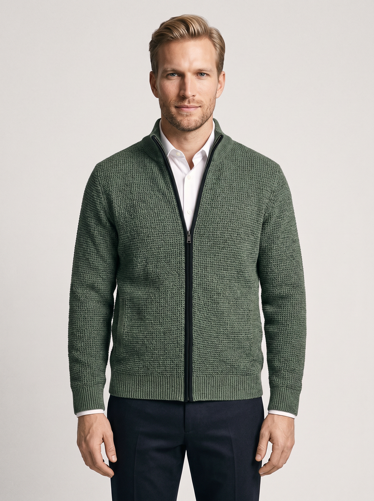 Men's Zip Up Knit Cardigan in Green