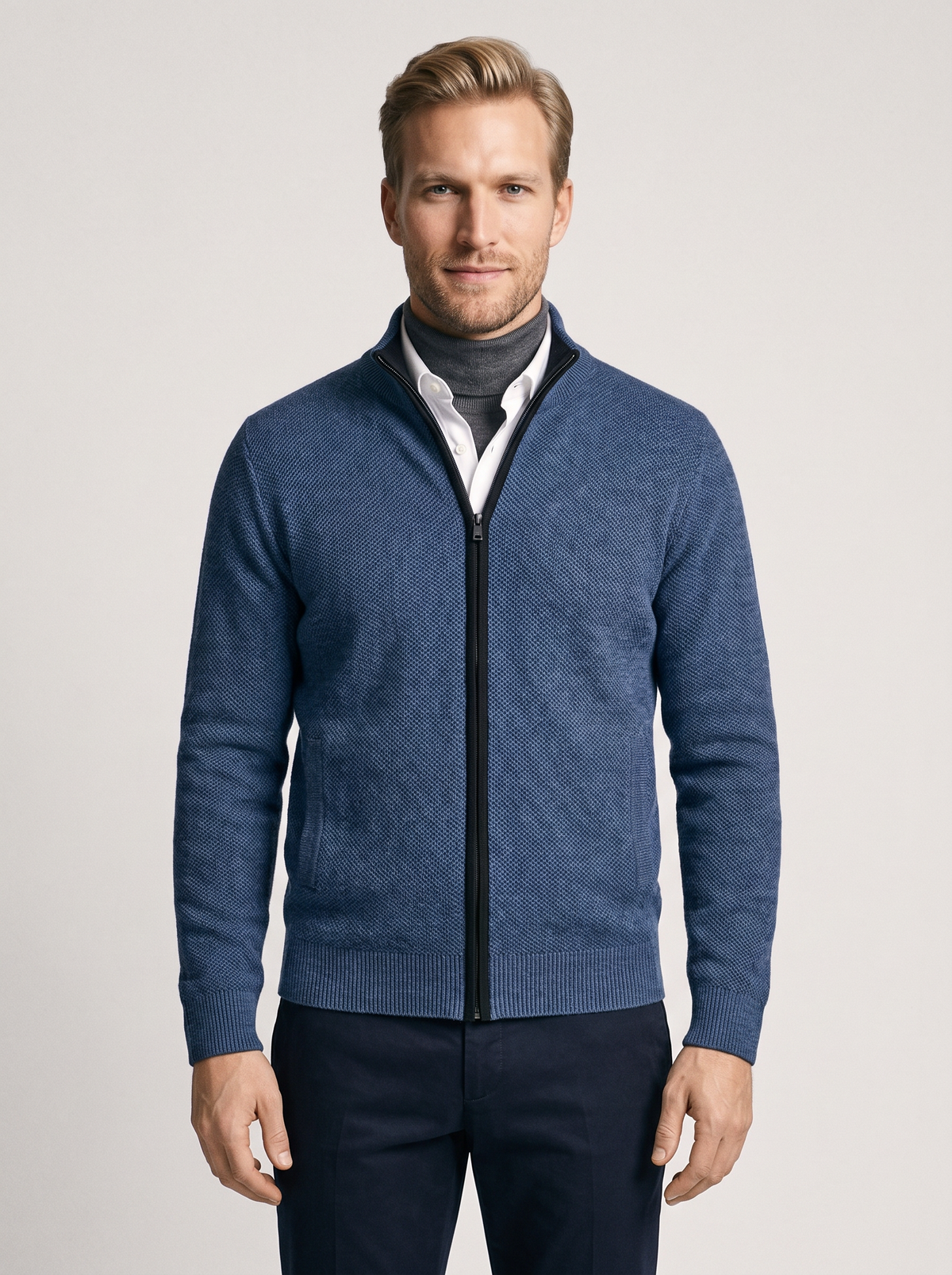 Men's Zip Up Knit Cardigan in Blue