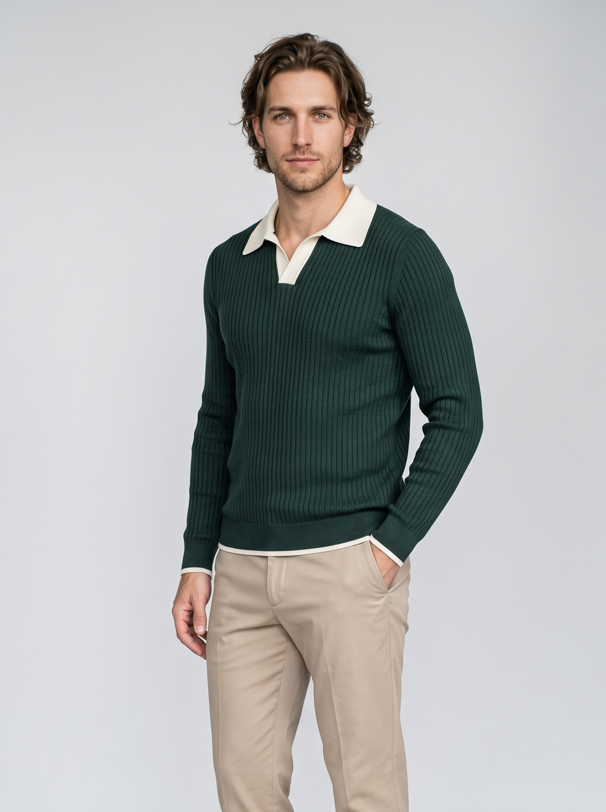 Men's Ribbed Knit Polo Jumper – Contrast Collar