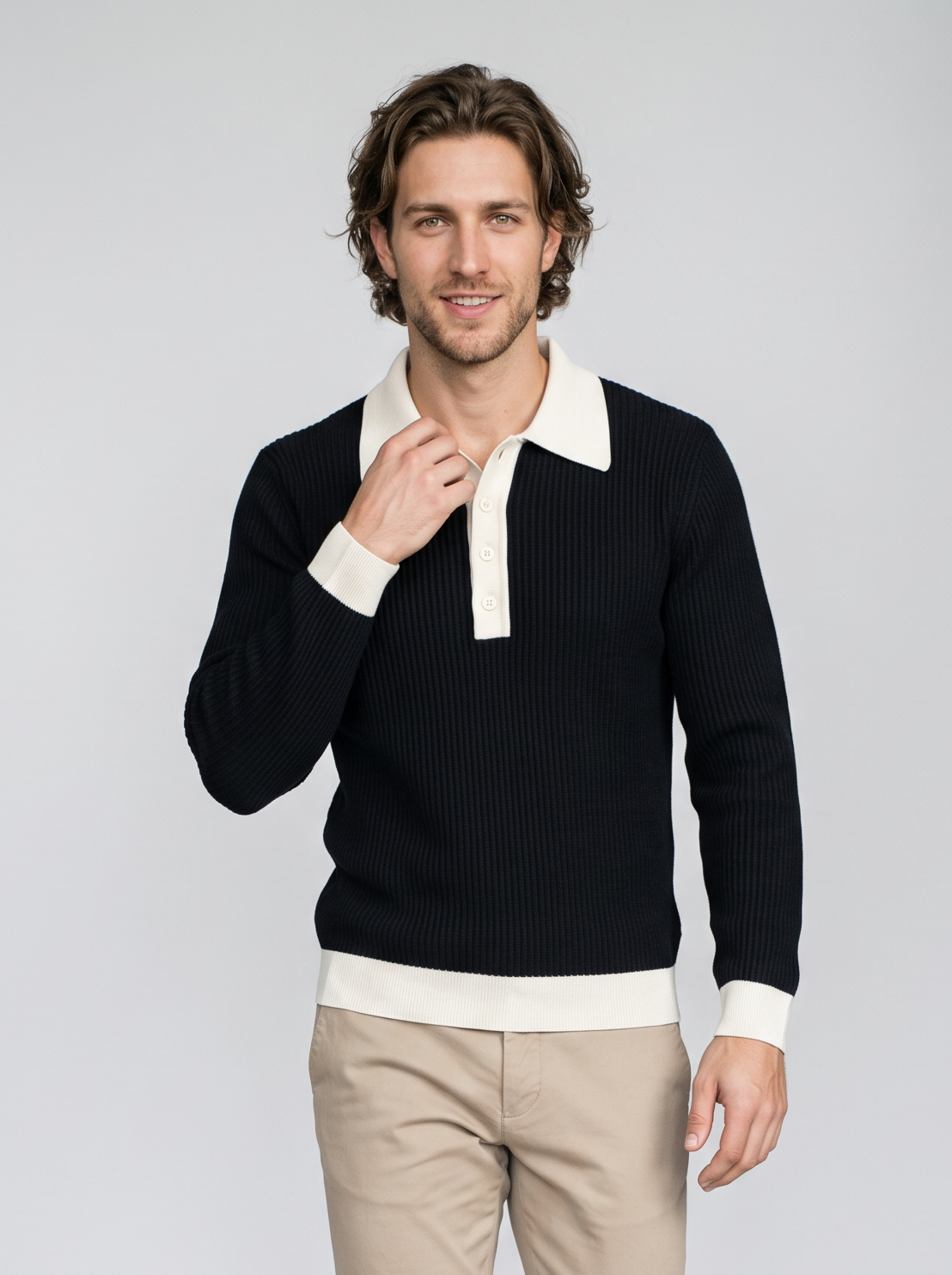 Men's Ribbed Knit Polo Jumper – Contrast Collar