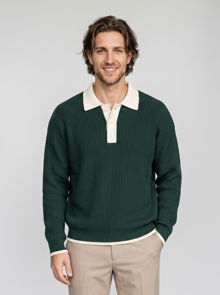 Men's Ribbed Knit Polo Jumper – Contrast Collar