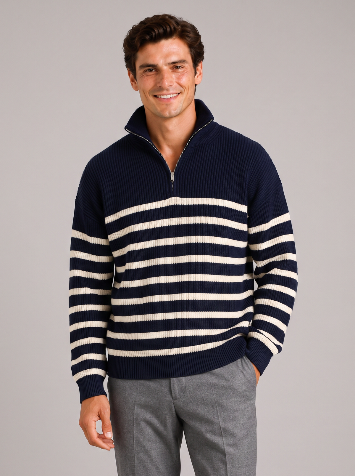 Men's Striped Half Zip Jumper – Oversized Ribbed Knit