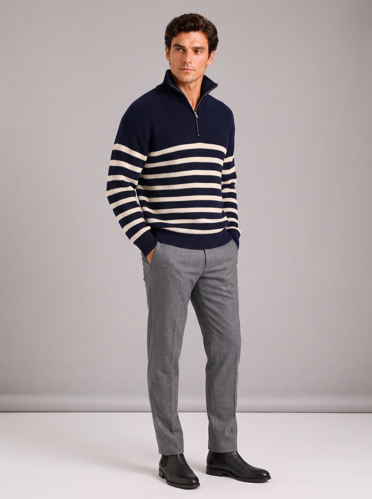 Men's Striped Half Zip Jumper – Oversized Ribbed Knit