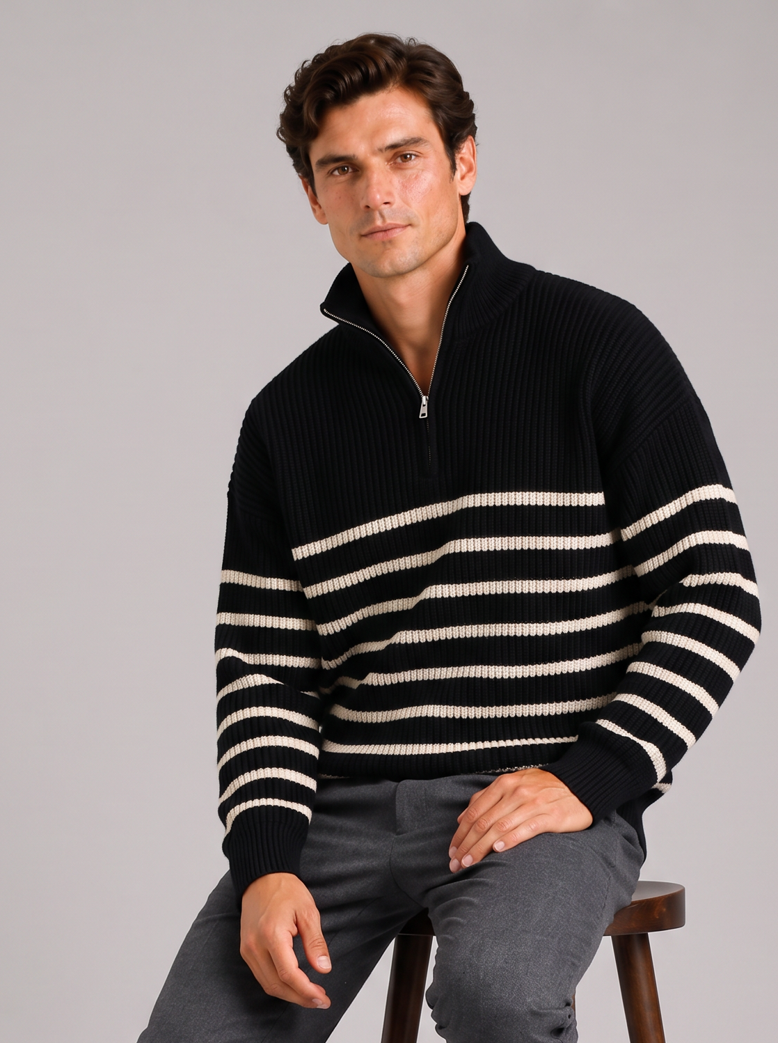 Men's Striped Half Zip Jumper – Oversized Ribbed Knit