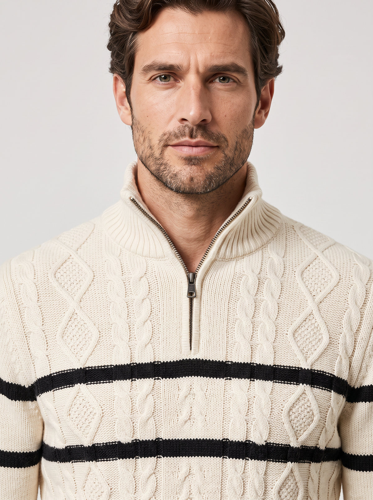 Men's Cable Knit Half Zip Jumper – Contrast Stripes