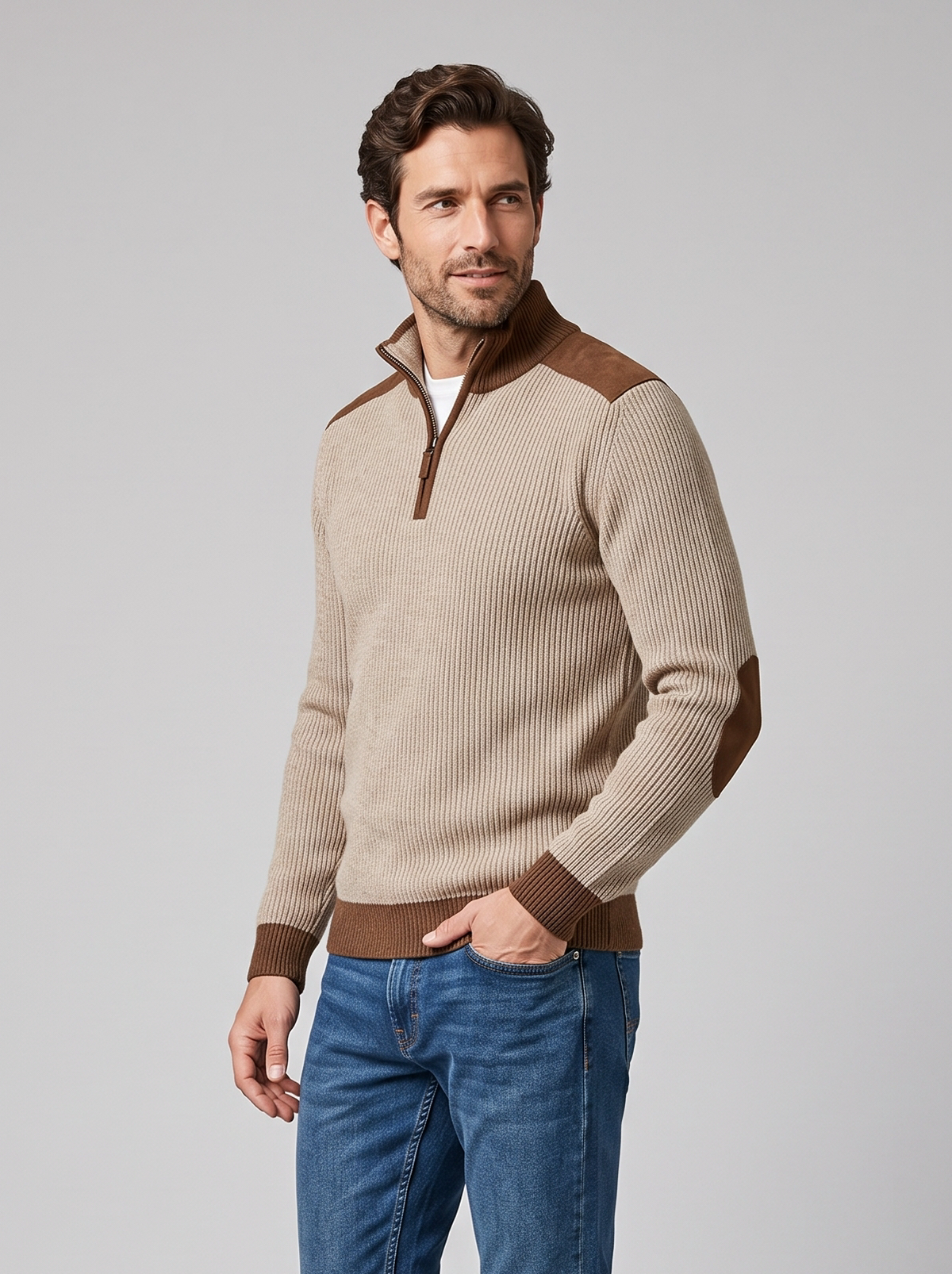 Men's Ribbed Quarter Zip Jumper – Contrast Elbow Patches