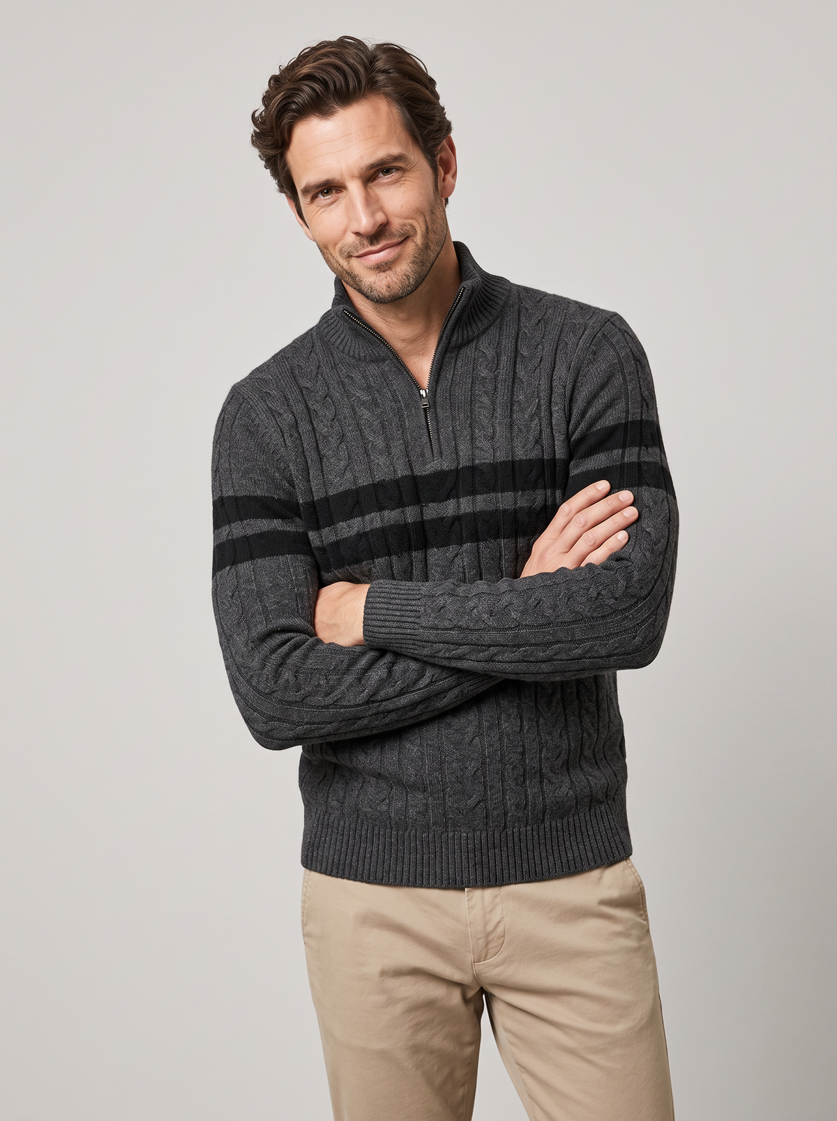 Men's Cable Knit Half Zip Jumper – Contrast Stripes