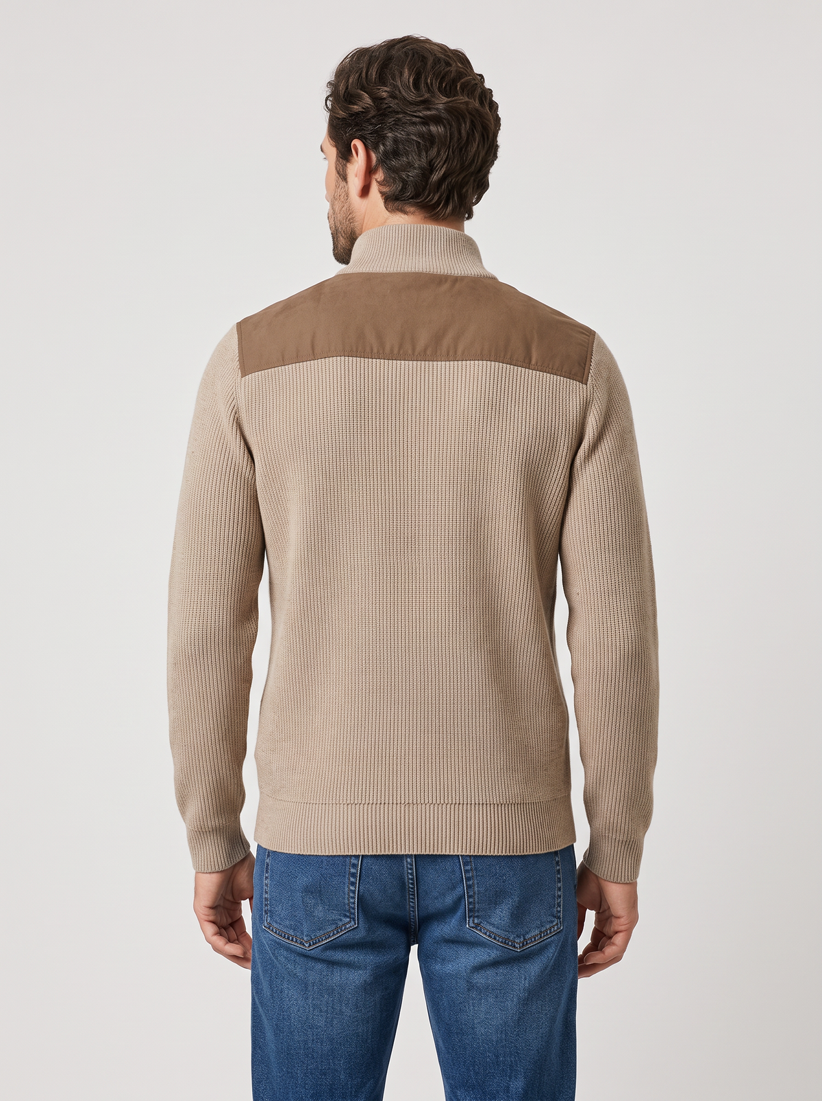 Men's Ribbed Quarter Zip Jumper – Contrast Elbow Patches