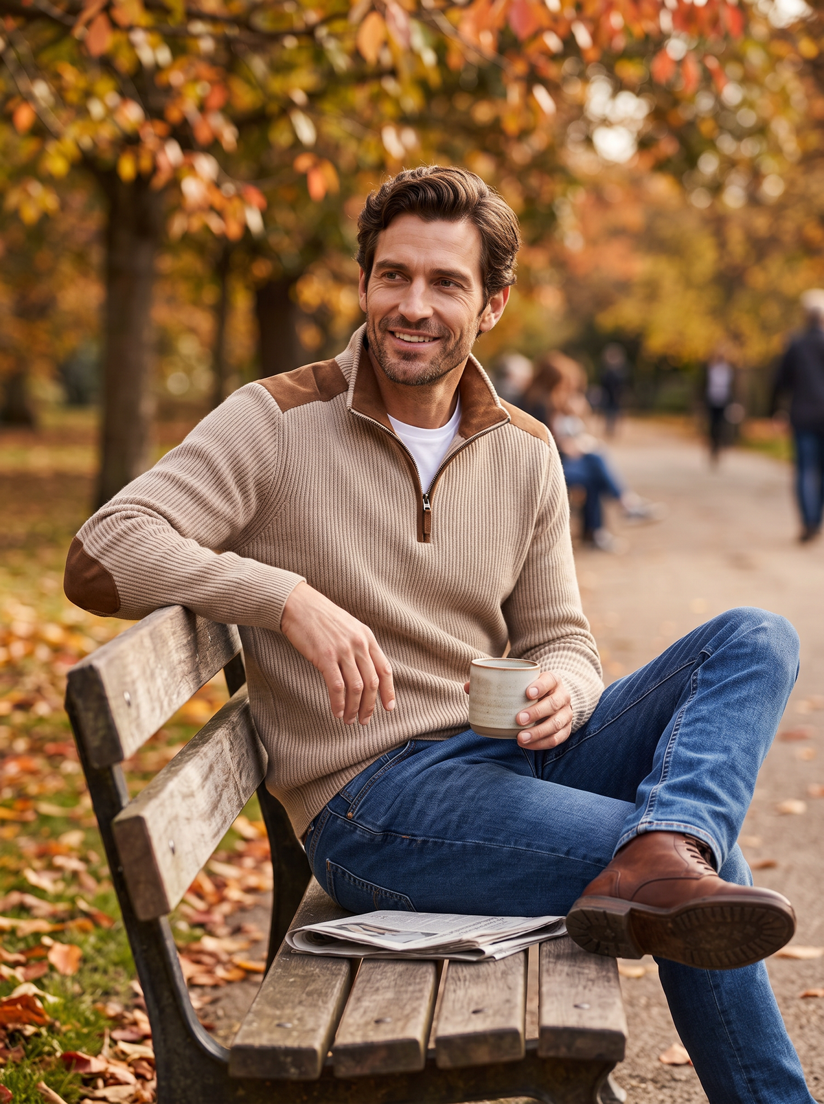 Men's Ribbed Quarter Zip Jumper – Contrast Elbow Patches