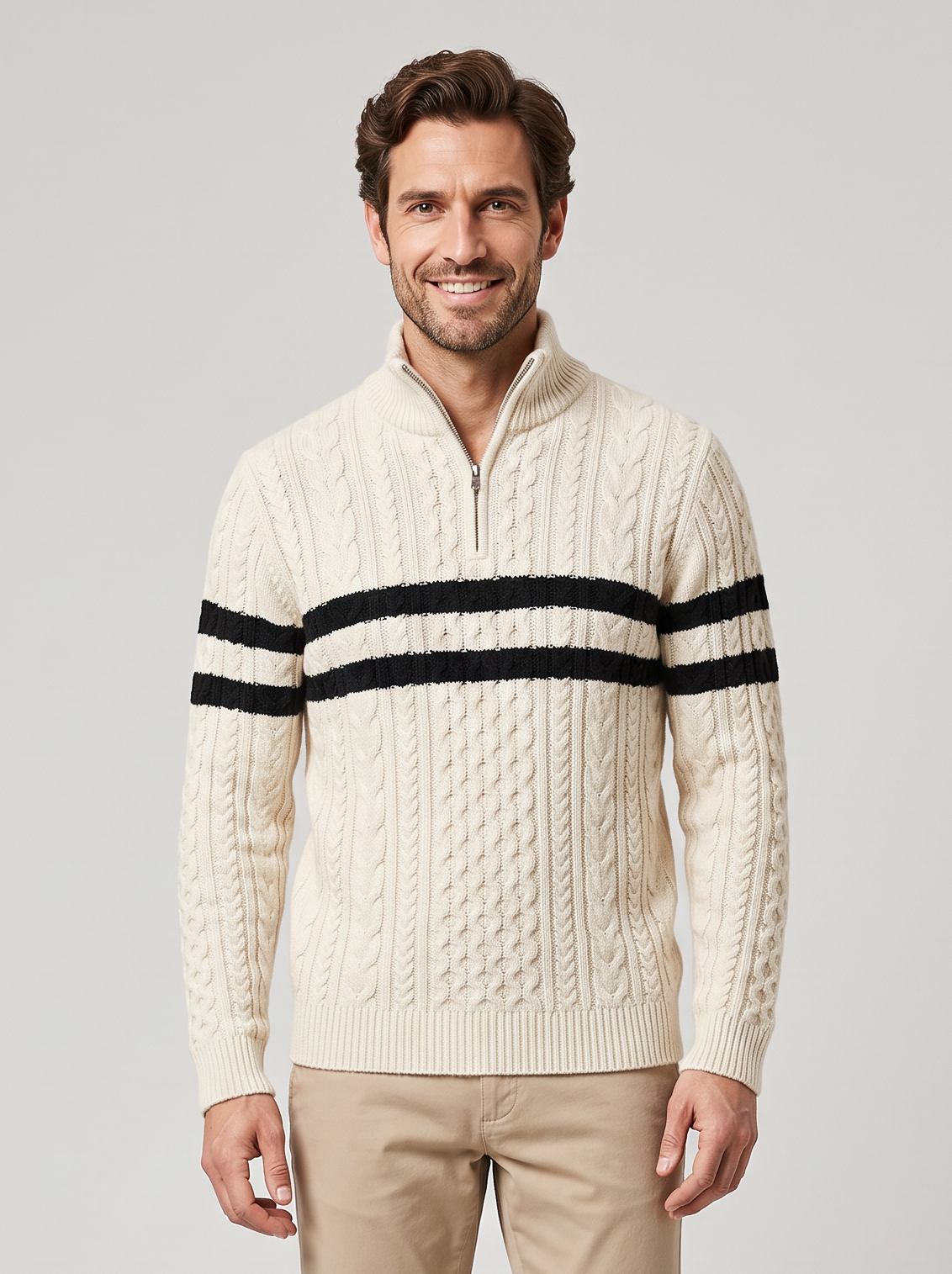 Men's Cable Knit Half Zip Jumper – Contrast Stripes